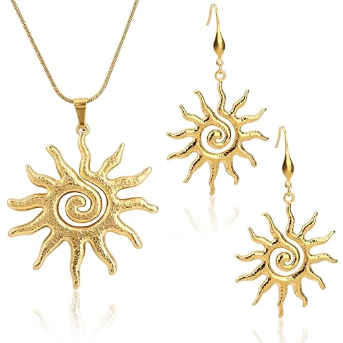 Gold Sun Pendant Necklace with Matching Earrings Set – Boho Style Jewelry for Women