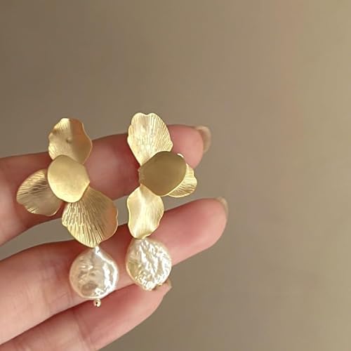 Women’s Floral Textured Gold Earrings with Pearl Drop