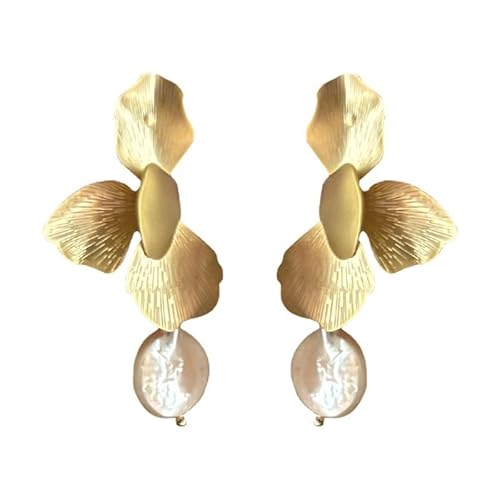 Women’s Floral Textured Gold Earrings with Pearl Drop