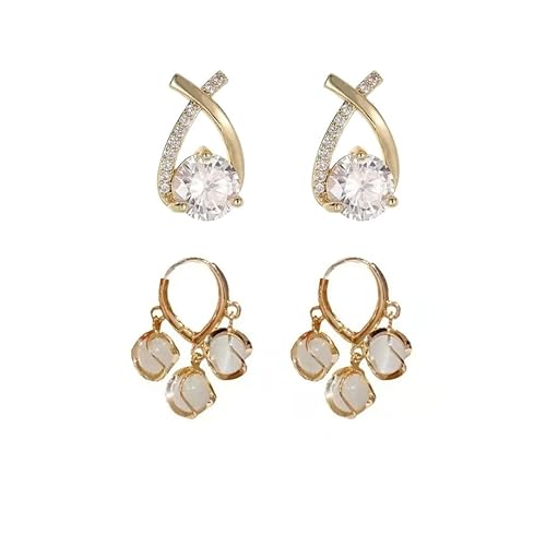Women’s Gold Crystal Earrings Set – 2 Pair Stylish Studs & Drop Earrings