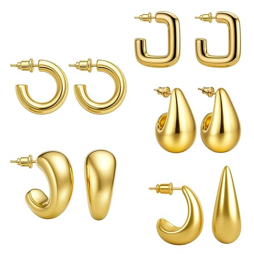 Women’s Gold Plated Geometric Earrings Set – 6 Pair Minimal Ear Studs & Hoops