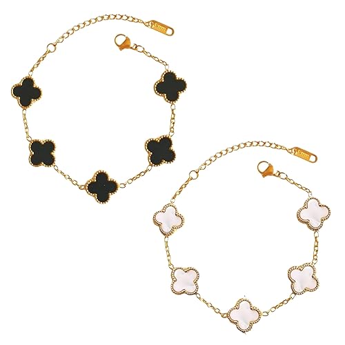 Women’s Lucky Clover Charm Bracelet – Black & White Set